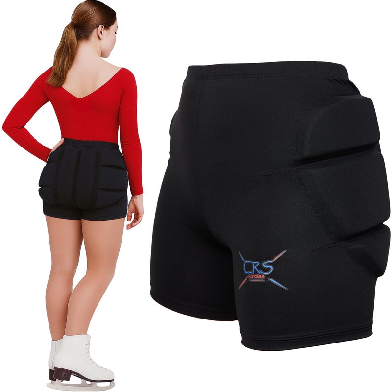 CRS Cross Padded Figure Skating Shorts. Crash Pad Pants for Roller, Inline, Ice Skating, Snowboarding, and Skiing. Fall Impact Protection for Butt, HIPS, and Tailbone (Youth Large Black) - Image 1